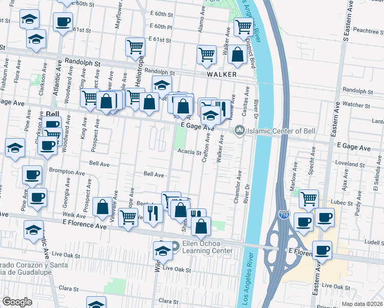 map of restaurants, bars, coffee shops, grocery stores, and more near 6607 Alamo Avenue in Bell