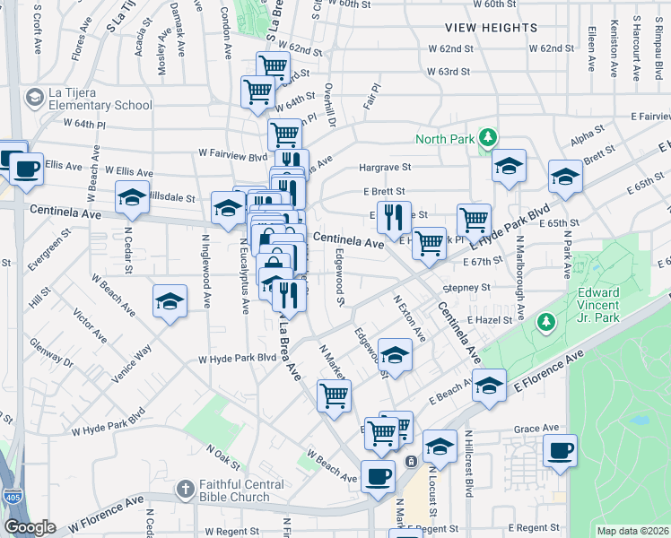 map of restaurants, bars, coffee shops, grocery stores, and more near 305 East Plymouth Street in Inglewood