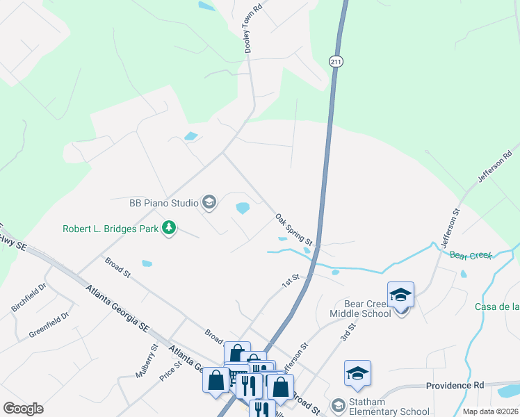 map of restaurants, bars, coffee shops, grocery stores, and more near 1800 Oak Spring Street in Statham