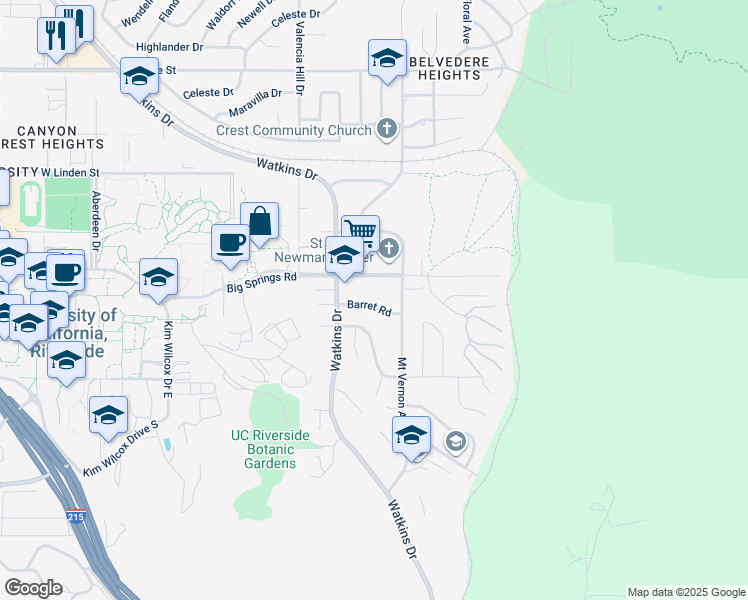 map of restaurants, bars, coffee shops, grocery stores, and more near 151 Barret Road in Riverside