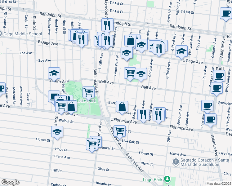 map of restaurants, bars, coffee shops, grocery stores, and more near 3611 Smith Street in Bell
