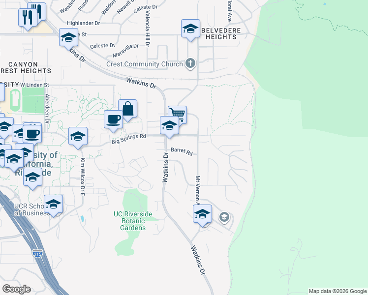 map of restaurants, bars, coffee shops, grocery stores, and more near 151 Barret Road in Riverside
