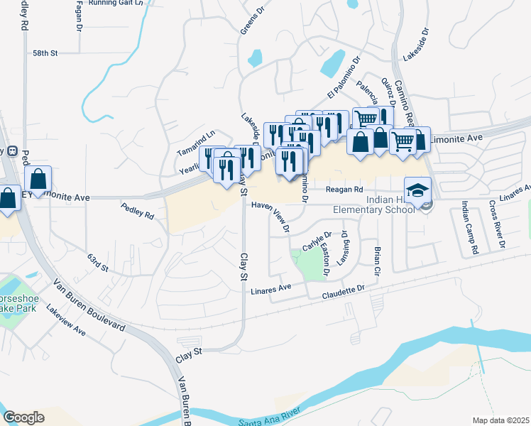 map of restaurants, bars, coffee shops, grocery stores, and more near 6215 Heatherwood Drive in Riverside