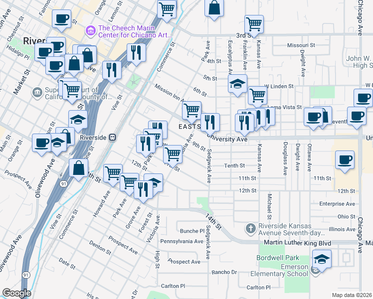 map of restaurants, bars, coffee shops, grocery stores, and more near 2628 9th Street in Riverside