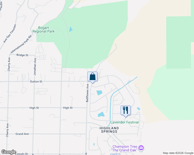 map of restaurants, bars, coffee shops, grocery stores, and more near 10055 Comanche Circle in Cherry Valley