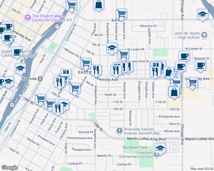 map of restaurants, bars, coffee shops, grocery stores, and more near 2315 9th Street in Riverside