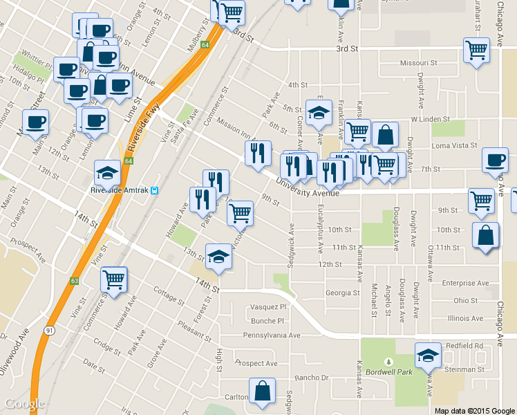 map of restaurants, bars, coffee shops, grocery stores, and more near 2628 9th Street in Riverside