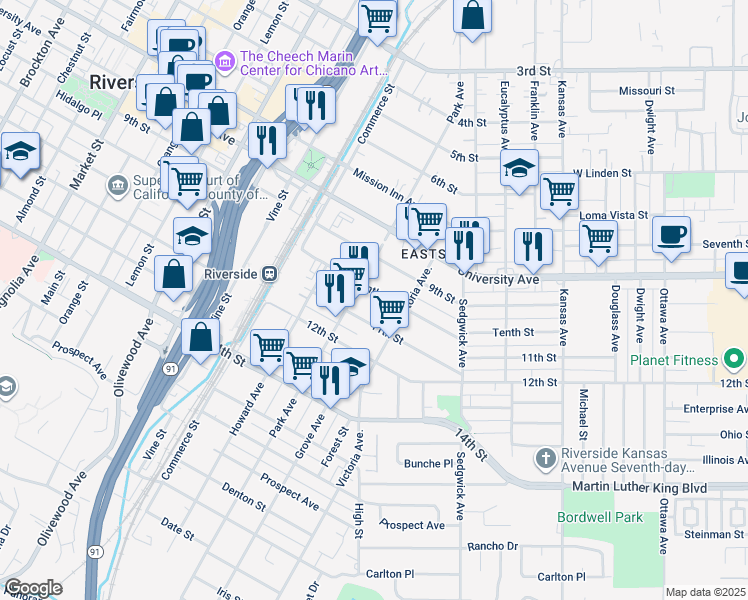 map of restaurants, bars, coffee shops, grocery stores, and more near 4022 Park Avenue in Riverside