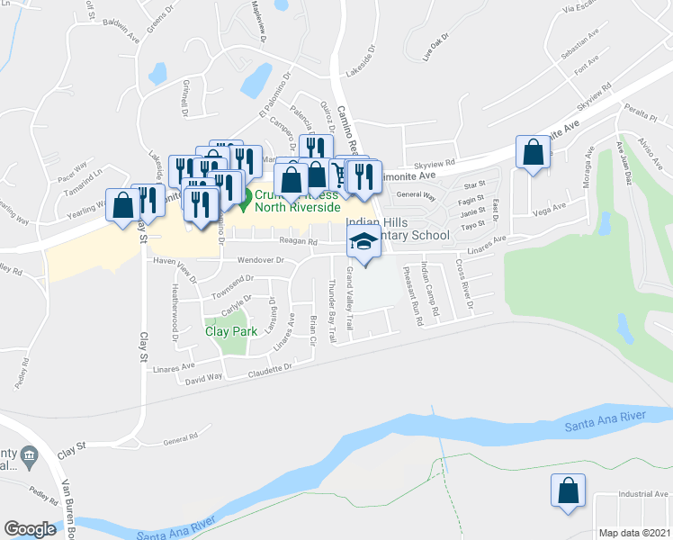map of restaurants, bars, coffee shops, grocery stores, and more near 6230 Thunder Bay Trail in Riverside