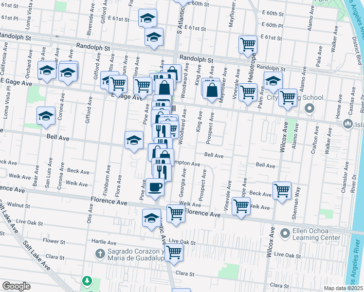 map of restaurants, bars, coffee shops, grocery stores, and more near 6705 Woodward Avenue in Bell