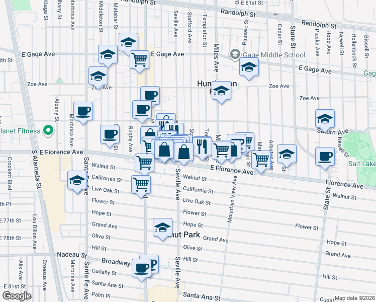 map of restaurants, bars, coffee shops, grocery stores, and more near 7118 Stafford Avenue in Huntington Park