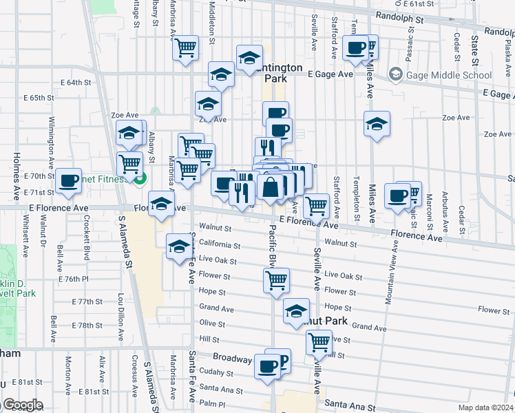 map of restaurants, bars, coffee shops, grocery stores, and more near 7112 Pacific Boulevard in Huntington Park