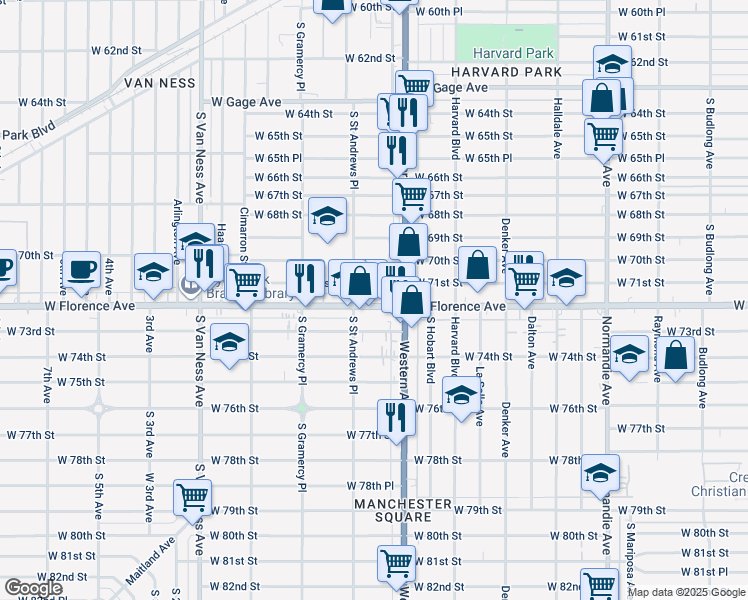 map of restaurants, bars, coffee shops, grocery stores, and more near 1853 West Florence Avenue in Los Angeles