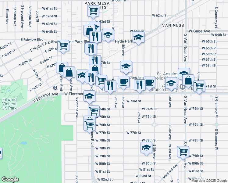 map of restaurants, bars, coffee shops, grocery stores, and more near 3121 West Florence Avenue in Los Angeles