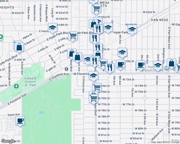 map of restaurants, bars, coffee shops, grocery stores, and more near 7112 South Victoria Avenue in Los Angeles