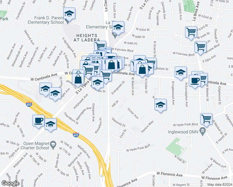 map of restaurants, bars, coffee shops, grocery stores, and more near 559 Evergreen Street in Inglewood