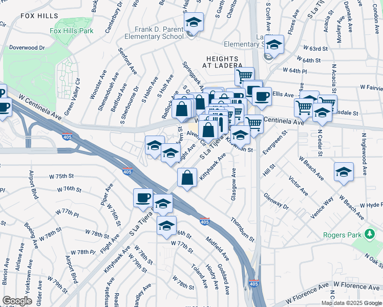 map of restaurants, bars, coffee shops, grocery stores, and more near 7022 Flight Avenue in Los Angeles