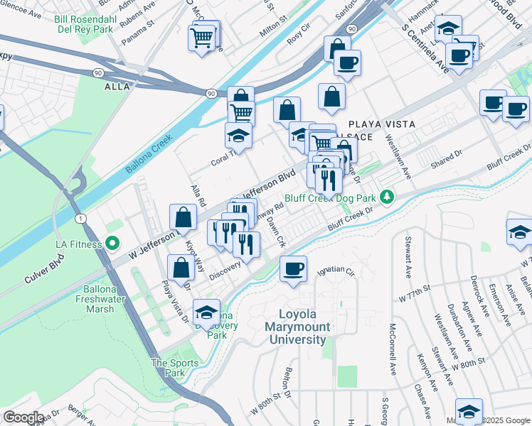 map of restaurants, bars, coffee shops, grocery stores, and more near 12895 West Runway Road in Los Angeles