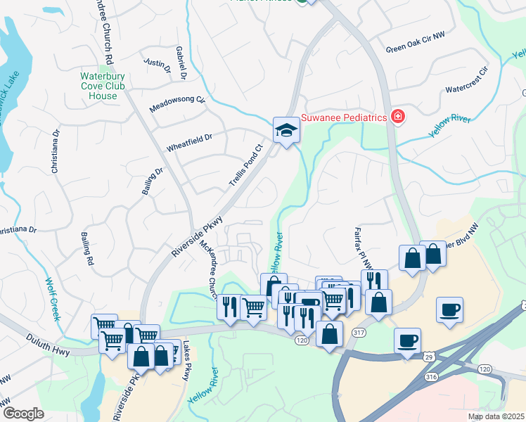map of restaurants, bars, coffee shops, grocery stores, and more near 585 Station View Run in Lawrenceville