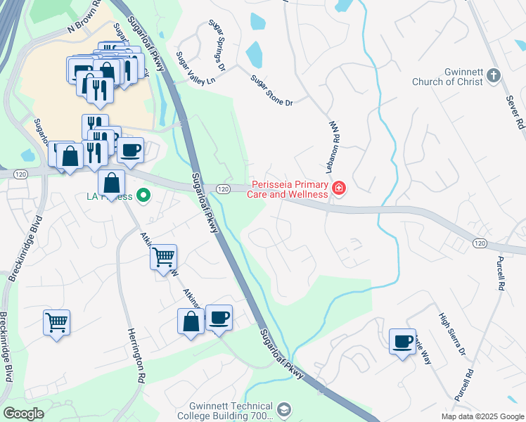 map of restaurants, bars, coffee shops, grocery stores, and more near 1640 Racquet Club Circle Northwest in Lawrenceville