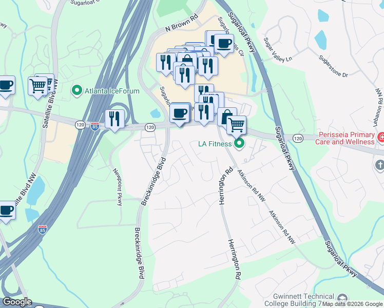 map of restaurants, bars, coffee shops, grocery stores, and more near 2145 Stoneoak Drive in Lawrenceville