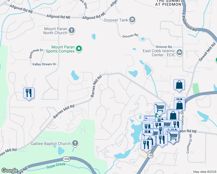 map of restaurants, bars, coffee shops, grocery stores, and more near 809 Oak Trail Drive in Marietta