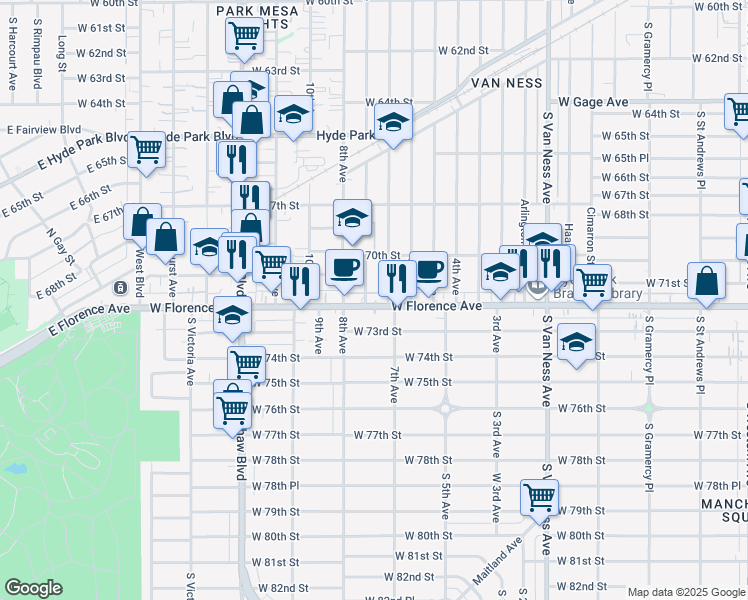 map of restaurants, bars, coffee shops, grocery stores, and more near 2921 West Florence Avenue in Los Angeles