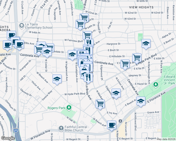 map of restaurants, bars, coffee shops, grocery stores, and more near 904 North La Brea Avenue in Inglewood