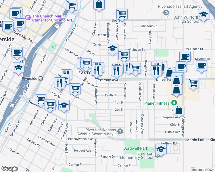 map of restaurants, bars, coffee shops, grocery stores, and more near 3881 Eucalyptus Avenue in Riverside