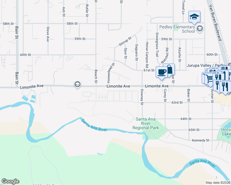map of restaurants, bars, coffee shops, grocery stores, and more near 6258 Dongola Street in Jurupa Valley
