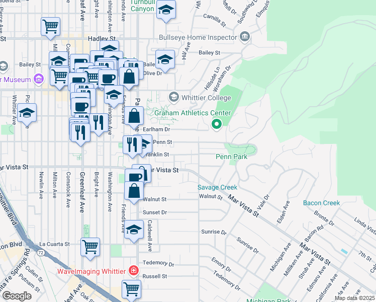 map of restaurants, bars, coffee shops, grocery stores, and more near 13733 Franklin Street in Whittier