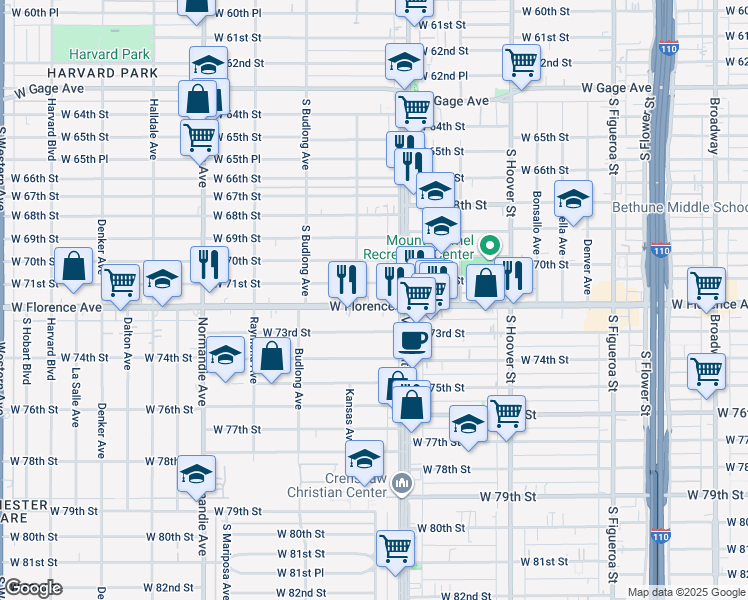 map of restaurants, bars, coffee shops, grocery stores, and more near 1031 West Florence Avenue in Los Angeles