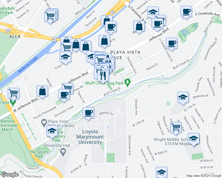 map of restaurants, bars, coffee shops, grocery stores, and more near 12751 Bluff Creek Drive in Los Angeles