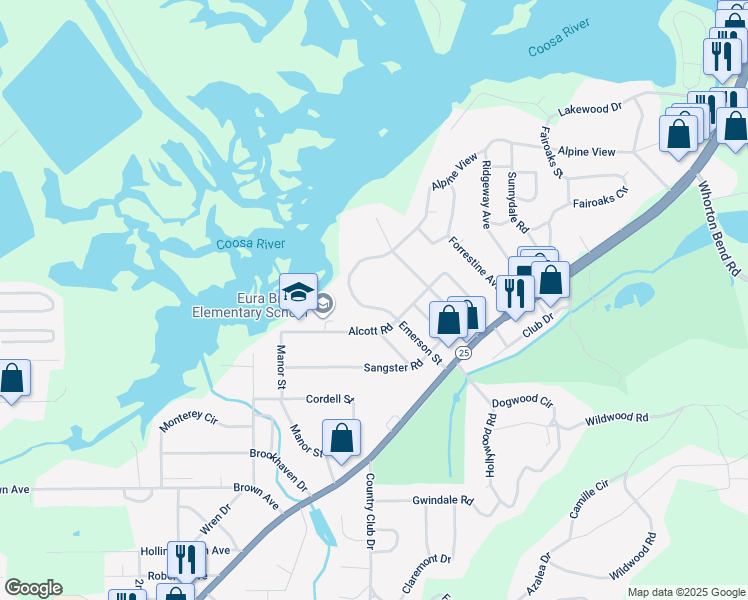 map of restaurants, bars, coffee shops, grocery stores, and more near 53 Alpine View in Gadsden