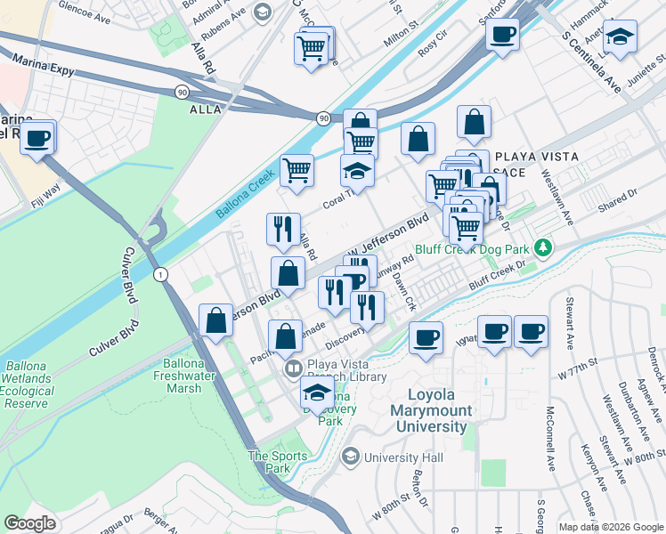 map of restaurants, bars, coffee shops, grocery stores, and more near 12975 Agustin Place in Los Angeles