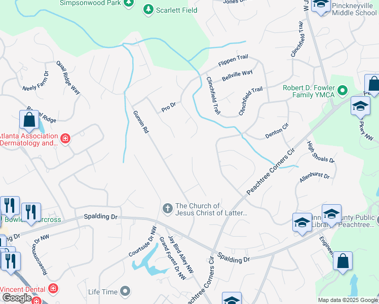 map of restaurants, bars, coffee shops, grocery stores, and more near 4012 Centre Court Northwest in Norcross