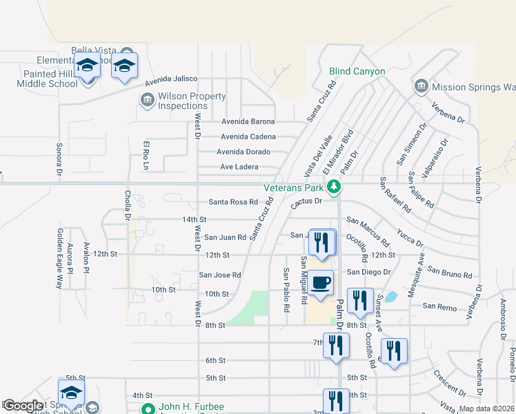 map of restaurants, bars, coffee shops, grocery stores, and more near 66195 Santa Rosa Road in Desert Hot Springs