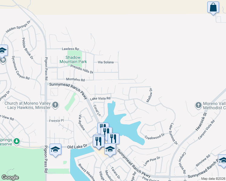 map of restaurants, bars, coffee shops, grocery stores, and more near 10075 Desert Mallow in Moreno Valley