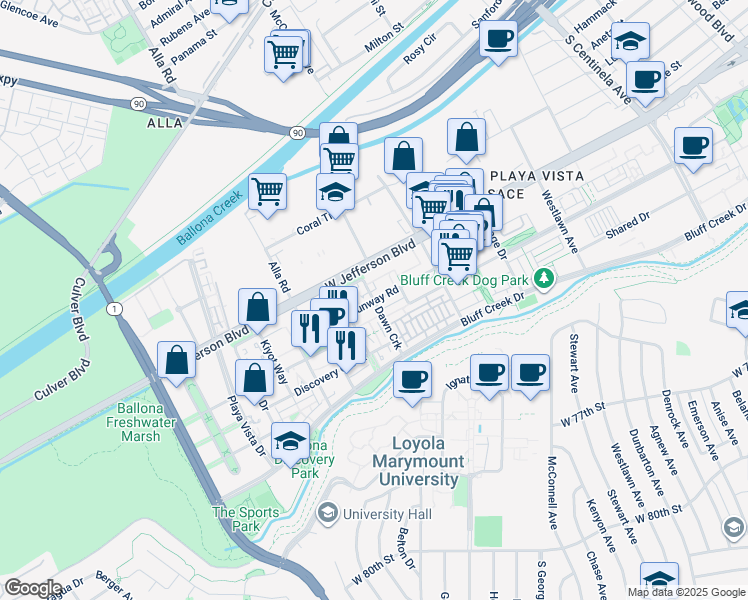 map of restaurants, bars, coffee shops, grocery stores, and more near 10000 Runway Road in Los Angeles