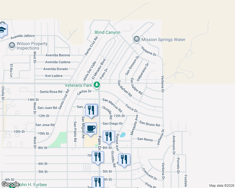 map of restaurants, bars, coffee shops, grocery stores, and more near 66590 Yucca Drive in Desert Hot Springs