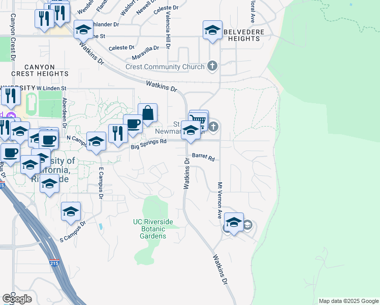 map of restaurants, bars, coffee shops, grocery stores, and more near 211 Barret Road in Riverside