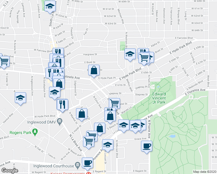 map of restaurants, bars, coffee shops, grocery stores, and more near 524 East Hyde Park Boulevard in Inglewood