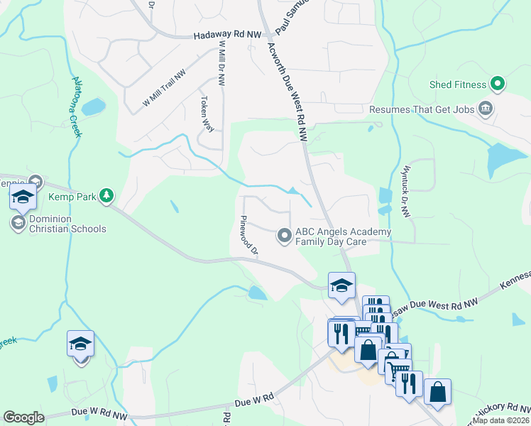 map of restaurants, bars, coffee shops, grocery stores, and more near 4115 Valley Wood Drive Northwest in Marietta