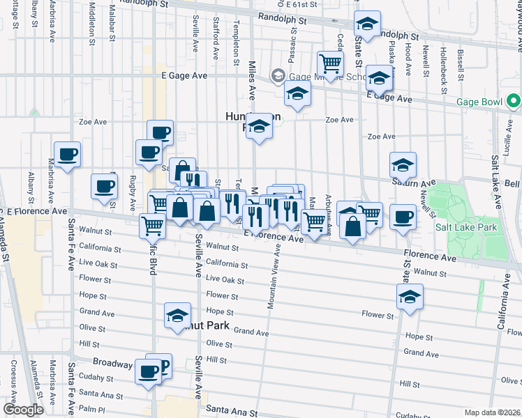 map of restaurants, bars, coffee shops, grocery stores, and more near 7034 Miles Avenue in Huntington Park