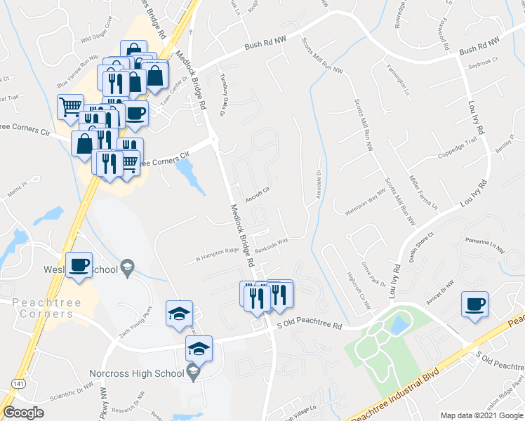 map of restaurants, bars, coffee shops, grocery stores, and more near 3429 Lockmed Drive Northwest in Norcross