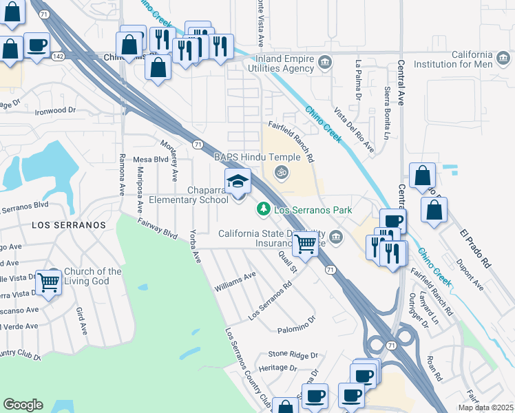map of restaurants, bars, coffee shops, grocery stores, and more near 15920 Pomona Rincon Road in Chino Hills