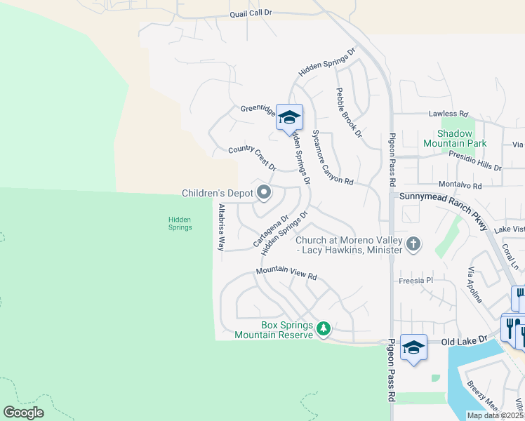 map of restaurants, bars, coffee shops, grocery stores, and more near 10075 Miracanto Way in Moreno Valley