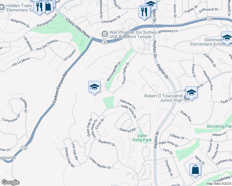 map of restaurants, bars, coffee shops, grocery stores, and more near 15409 Green Valley Drive in Chino Hills
