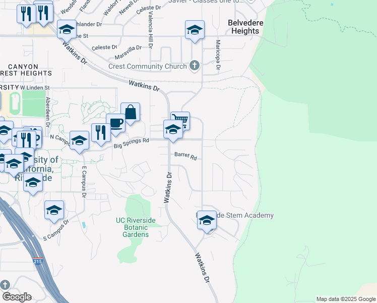 map of restaurants, bars, coffee shops, grocery stores, and more near 151 Barret Road in Riverside