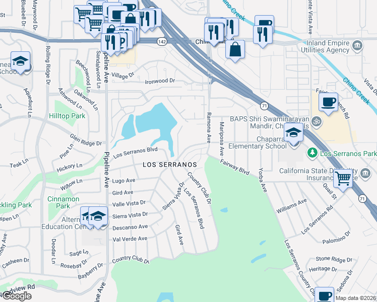 map of restaurants, bars, coffee shops, grocery stores, and more near 4432 Lilac Circle in Chino Hills